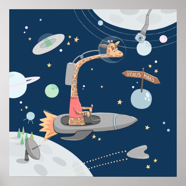 Giraffe im Weltraum. Planeten. Kinderzimmer für Ti Poster (Vorne)