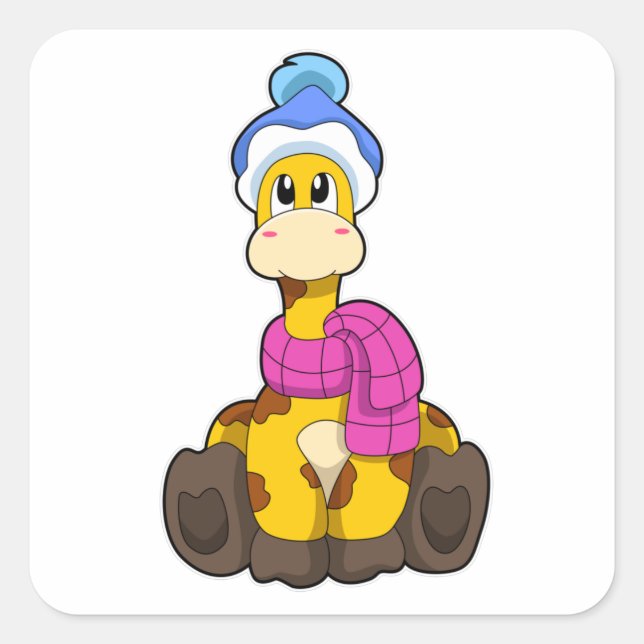 Giraffe im Winter mit Scarf & Hat Quadratischer Aufkleber (Vorderseite)