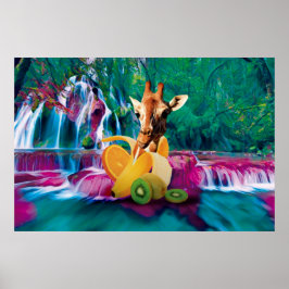 Giraffe in a Banana with orange and Kiwi Fruits Poster