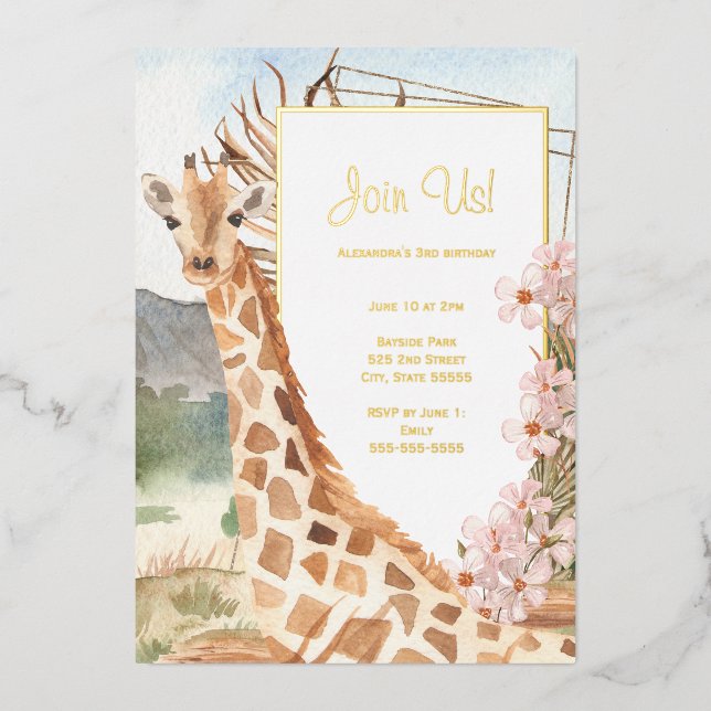 Giraffe in African Savannah Birthday Party Gold Folieneinladung (Vorderseite)