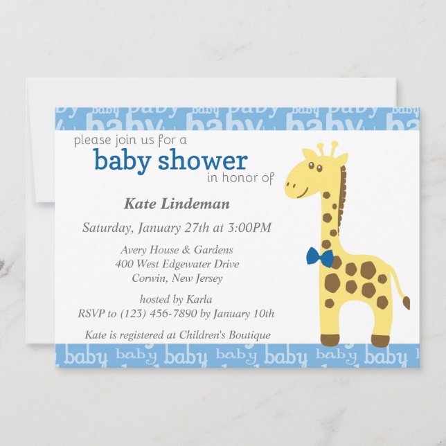 Giraffe in Blue Bow Baby Shower for Boy Einladung (Vorderseite)