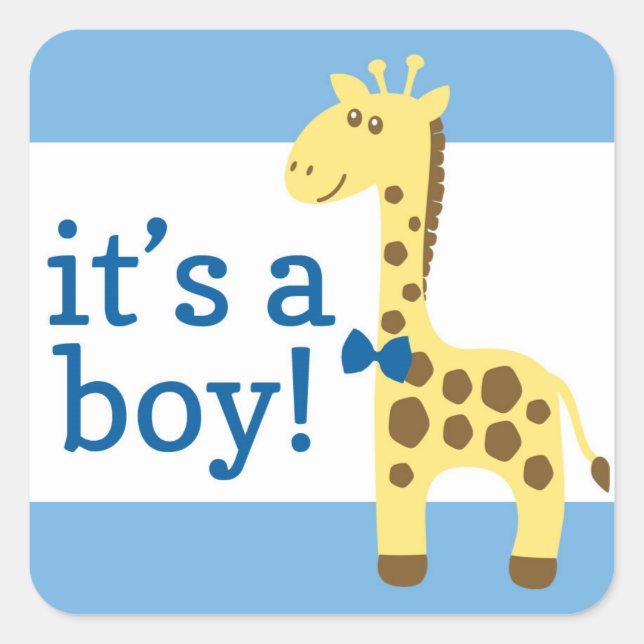 Giraffe in Blue Bow Baby Shower for Boy Quadratischer Aufkleber (Vorderseite)