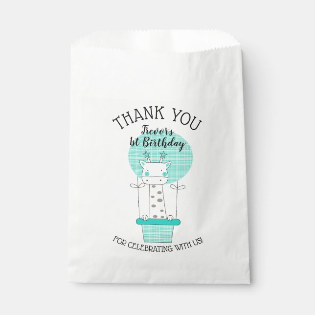 Giraffe in Blue Yellow Hot Air Ballon Danke Geschenktütchen (Vorderseite)