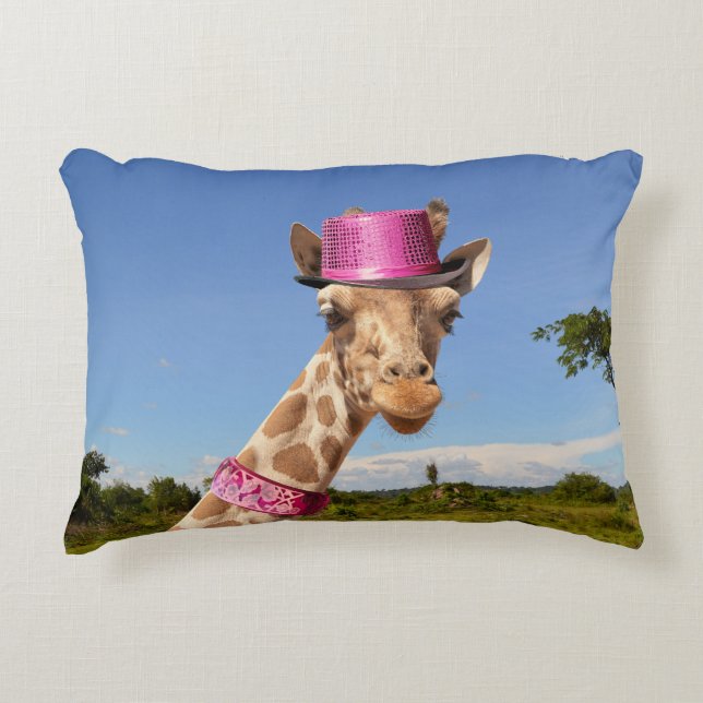 Giraffe in funkelnd-rosa Hut Dekokissen (Vorderseite)