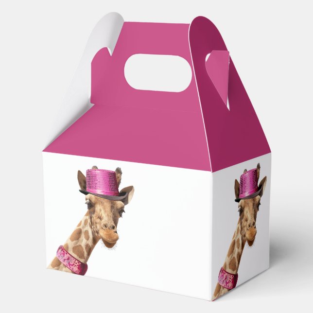 Giraffe in funkelnd-rosa Hut Geschenkschachtel (Vorderseite)