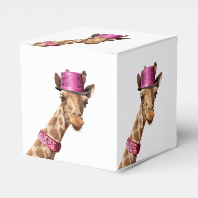 Giraffe in funkelnd-rosa Hut Geschenkschachtel (Vorderseite)