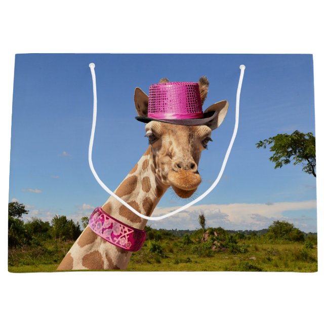 Giraffe in funkelnd-rosa Hut Große Geschenktüte (Vorderseite)