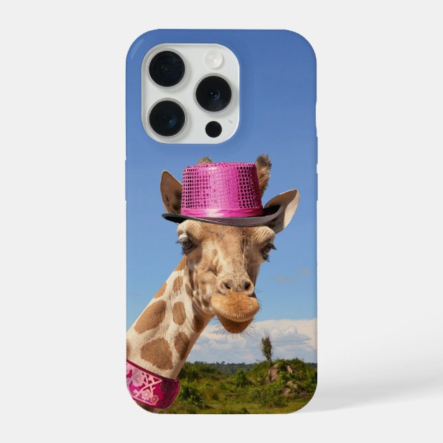 Giraffe in funkelnd-rosa Hut iPhone Hülle (Rückseite)