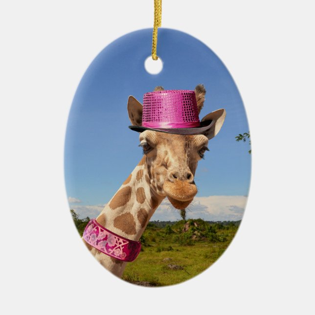 Giraffe in funkelnd-rosa Hut Keramik Ornament (Vorne)
