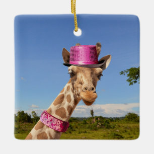 Giraffe in funkelnd-rosa Hut Keramikornament