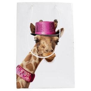 Giraffe in funkelnd-rosa Hut Mittlere Geschenktüte