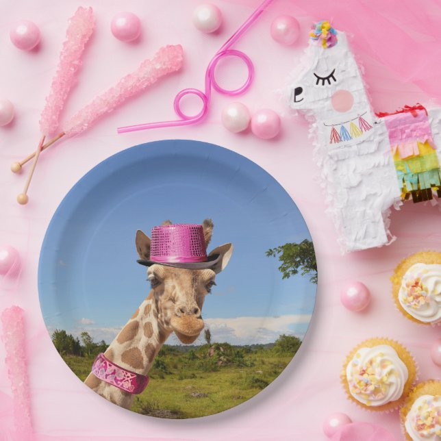 Giraffe in funkelnd-rosa Hut Pappteller (Party)