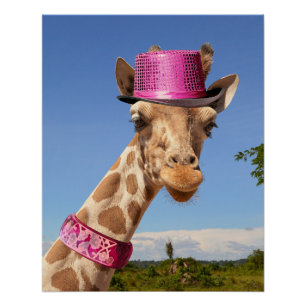 Giraffe in funkelnd-rosa Hut Poster