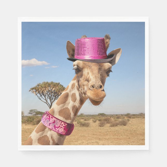 Giraffe in funkelnd-rosa Hut Serviette (Vorderseite)