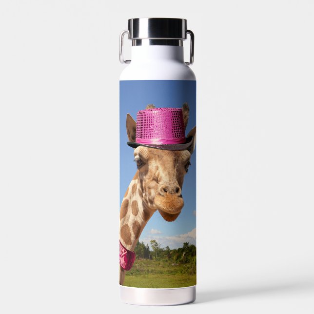 Giraffe in funkelnd-rosa Hut Trinkflasche (Vorne)
