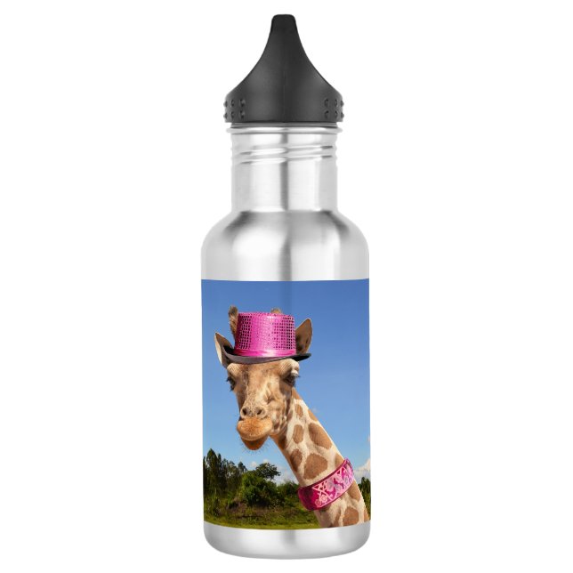 Giraffe in funkelnd rosa Hut Wasserflasche (Links)