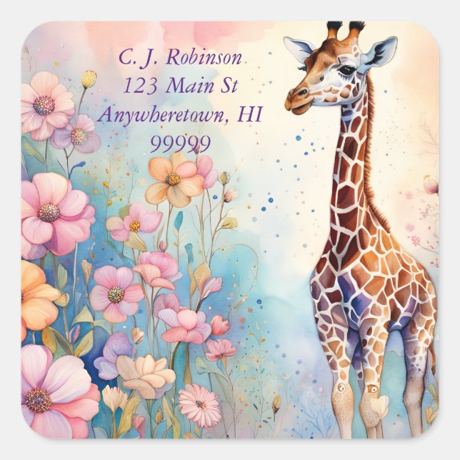 Giraffe in Pastel Garden Quadratischer Aufkleber (Vorderseite)