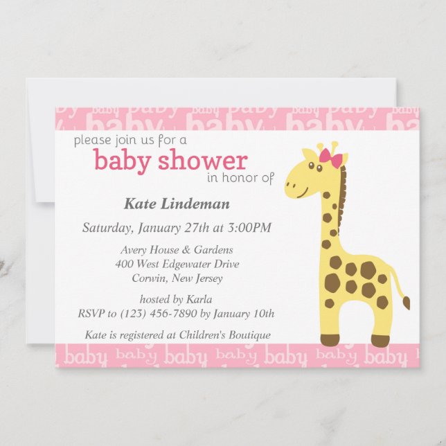 Giraffe in Pink Bow Babydusche für Mädchen Einladung (Vorderseite)