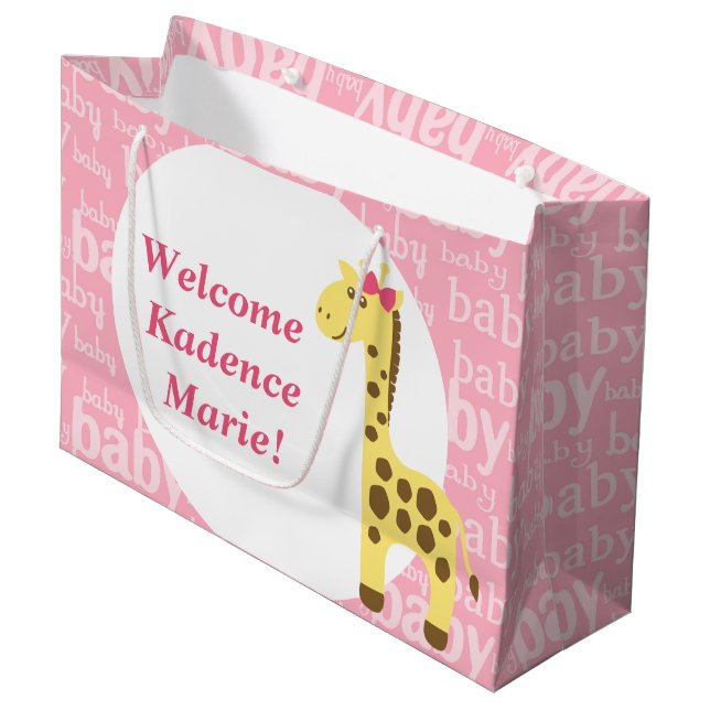 Giraffe in Pink Bow Babydusche für Mädchen Große Geschenktüte (Vorderseite Schrägansicht)