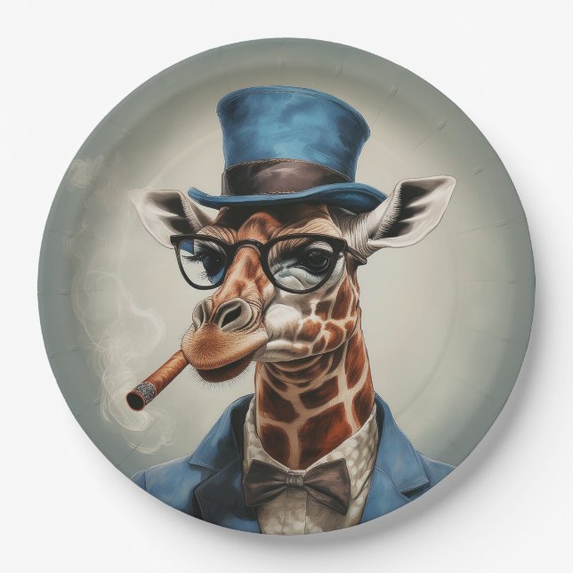 Giraffe in Tophut mit Zigarre Pappteller (Vorderseite)