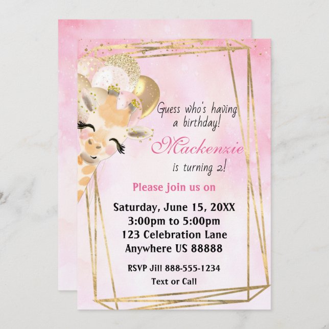 Giraffe jeden Geburtstags Einladung (Vorne/Hinten)