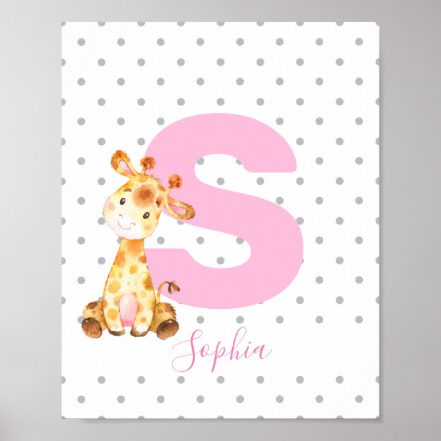 Giraffe Jungle Personalisiert Name Girl Baby Kinde Poster (Vorne)
