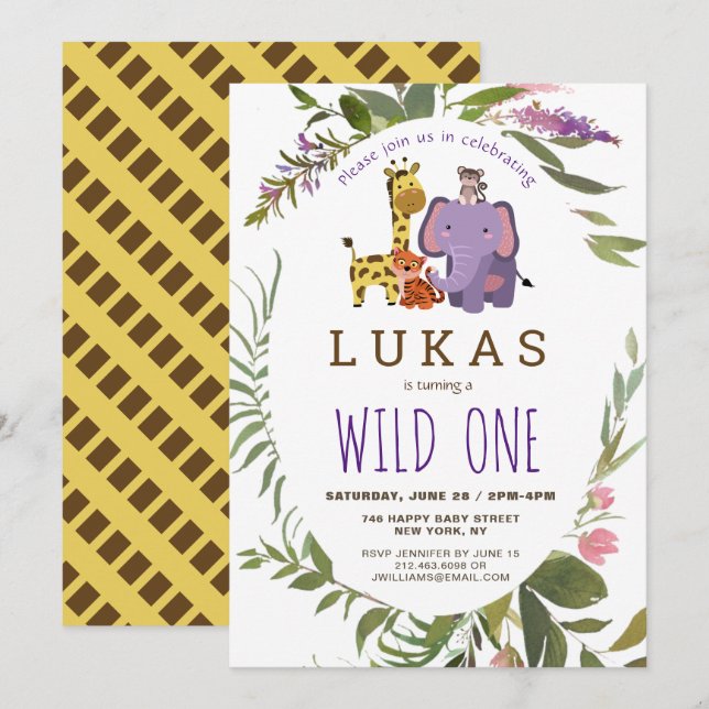 Giraffe Jungle Safari Tier 1. Geburtstag Einladung (Vorne/Hinten)