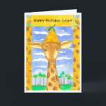 Giraffe Kids Happy Birthday Individuelle Name Karte<br><div class="desc">Ein lustiger individuelle Name,  der eine Geburtstagskarte mit einer süßen Giraffe in einem orangefarbenen Party mit einem ruhigen blauen Himmel mit Wolken und einer friedlichen grünen Landschaft,  illustriert mit Wasserfarbe,  begrüßt. Sie können den Text an Ihre Bedürfnisse anpassen.</div>