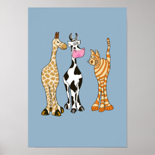 Giraffe Kuh und Katze, komische Tiere. Poster