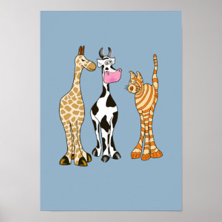 Giraffe Kuh und Katze, komische Tiere. Poster