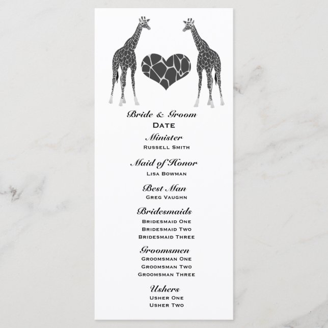 Giraffe-Liebe-Hochzeitsprogramm Programm (Vorderseite)