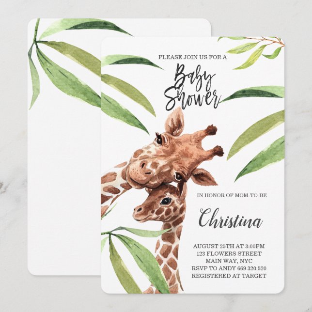 Giraffe Mama & Baby Greenery Eucalyptus Baby Dusch Einladung (Vorne/Hinten)