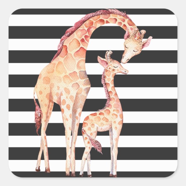 Giraffe-Mama und Baby-Giraffe-Streifen-Aufkleber Quadratischer Aufkleber (Vorderseite)
