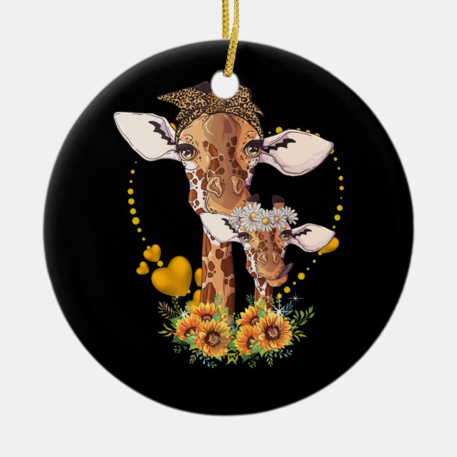 Giraffe Mama und Kindersonnenblume Safari Keramik Ornament (Vorne)