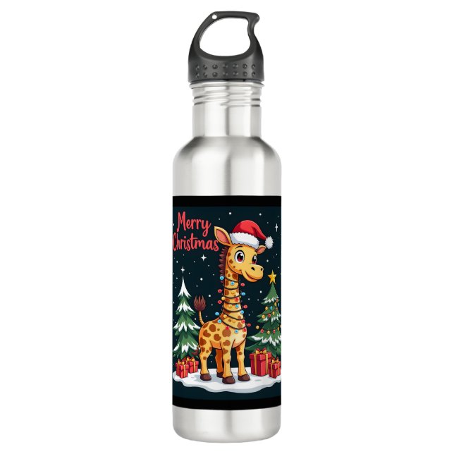 Giraffe Merry Christmas Tree Lighting Santa Giraff Edelstahlflasche (Vorderseite)
