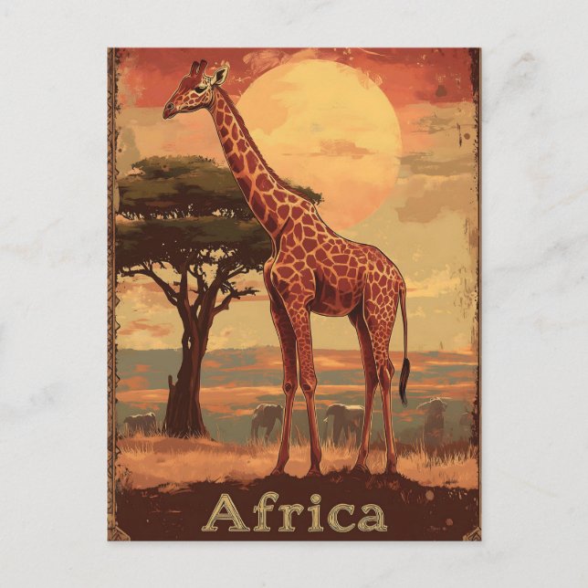 Giraffe mit afrikanischem Sonnenuntergang - Vintag Feiertagspostkarte (Vorderseite)