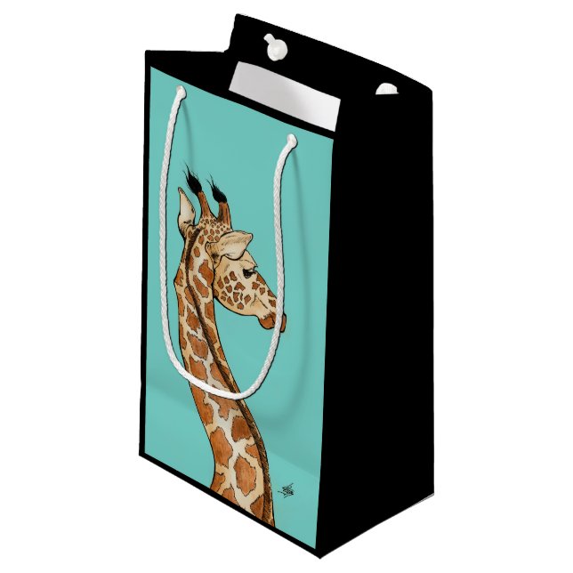 Giraffe mit aquamarinem Hintergrund Kleine Geschenktüte (Vorderseite Schrägansicht)
