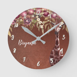Giraffe mit Blumen Rustikal Braun Chic Personalisi Runde Wanduhr