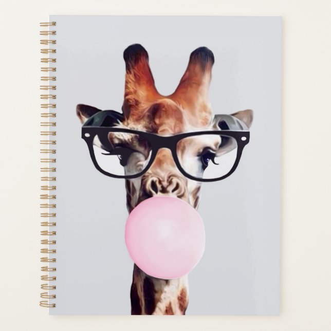 Giraffe mit Brille bläst rosa Kaugummi Planer (Vorderseite)