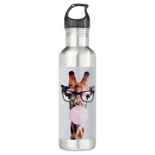 Giraffe mit Brille, die rosa Kaugummi blasen Edelstahlflasche
