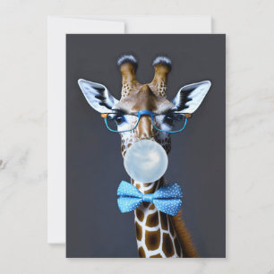 Giraffe mit Brille, Fliege pustet blaue Kaugummi Dankeskarte