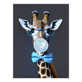 Giraffe mit Brille, Krawatte mit Bugs, blauer Kaug Fotodruck