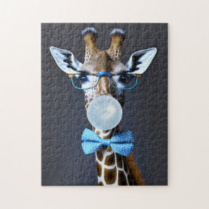Giraffe mit Brille, Krawatte mit Bugs, blauer Kaug Puzzle
