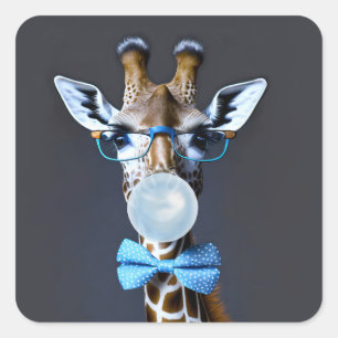 Giraffe mit Brille, Krawatte mit Bugs, blauer Kaug Quadratischer Aufkleber