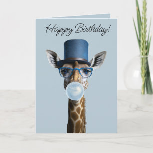 Giraffe mit Brille, Oberhut und blauem Gummi Karte