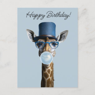 Giraffe mit Brille, Oberhut und blauem Gummi Postkarte
