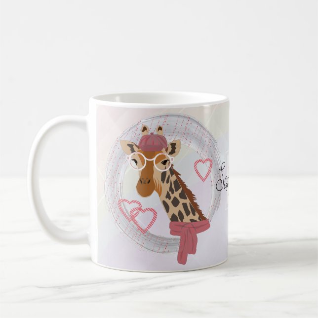 Giraffe mit Brille und roter Bettdecke. Kaffeetasse (Links)