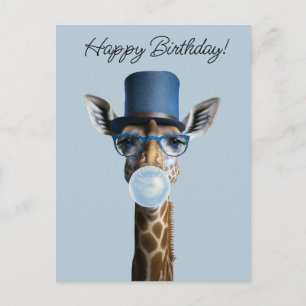 Giraffe mit Brille, Zylinder und blauem Kaugummi Postkarte