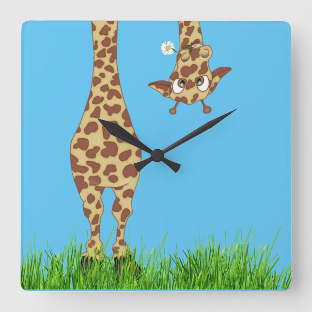 Giraffe mit Daisy auf blau Quadratische Wanduhr (Vorderseite)