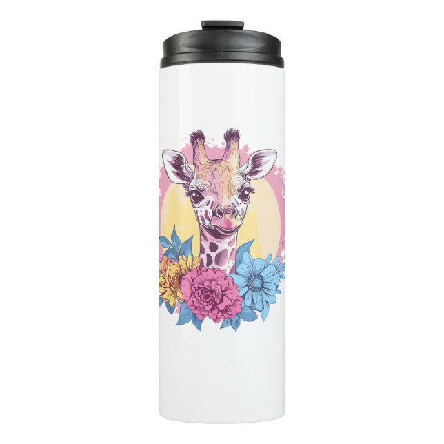 Giraffe mit farbenprächtigem Blumenhintergrund Thermosbecher (Vorderseite)